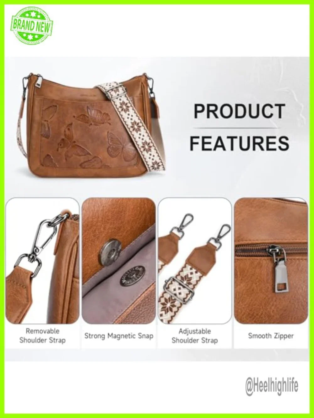 Vegan Leather Medium Butterfly Hobo Crossbody Purse Shoulder Bag